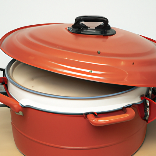 A neatly stored dutch oven with the lid slightly ajar.